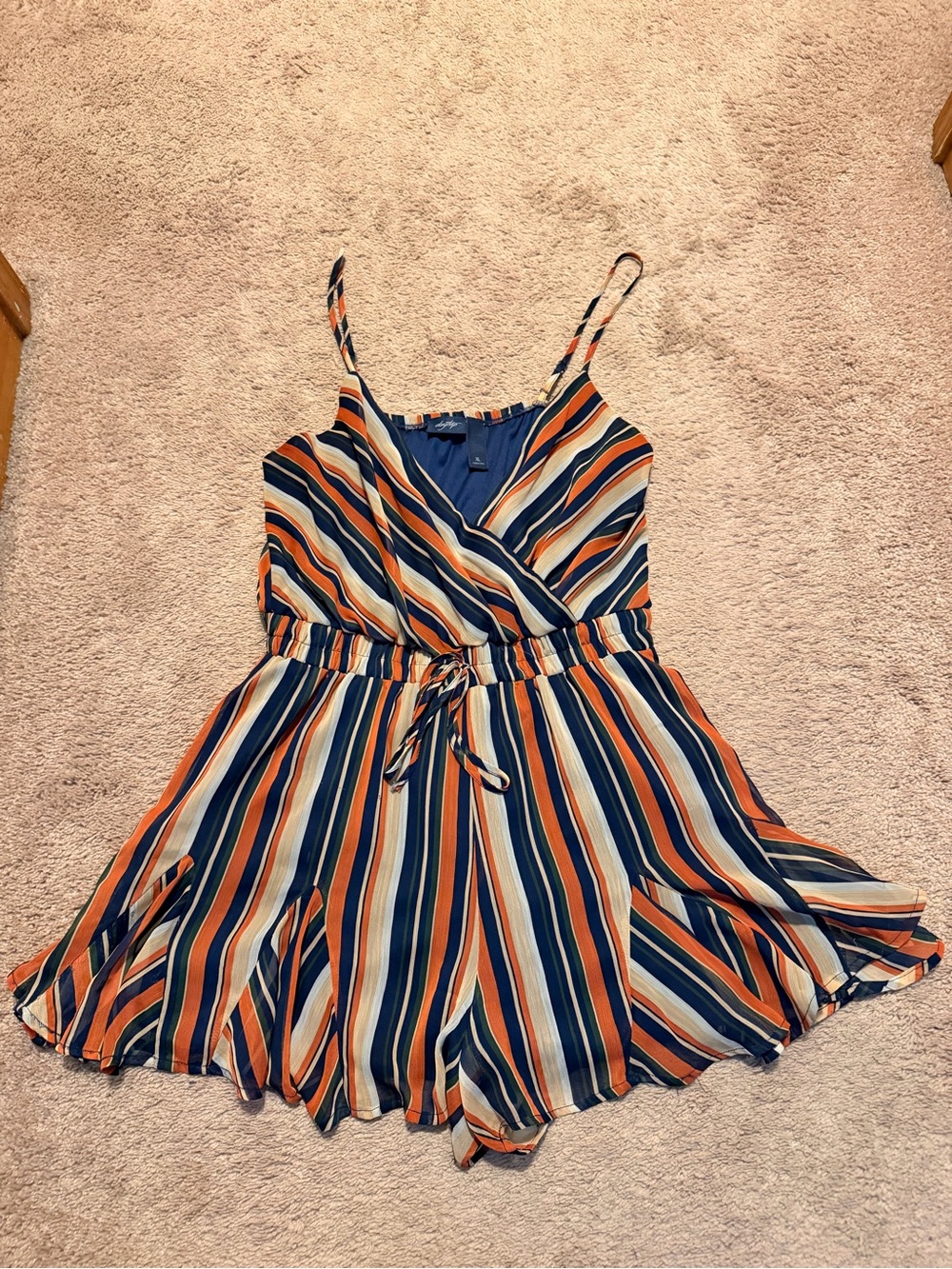 Striped Daytrip V-Neck Romper in Navy, Orange & Cream